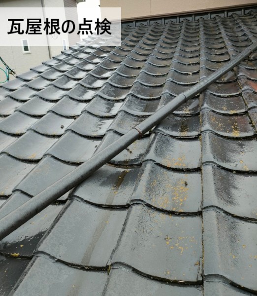 瓦屋根の雨漏り点検　雨上がりなので濡れて危険